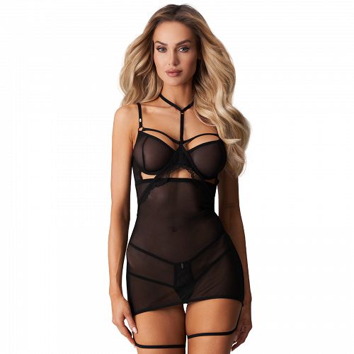 Obsessive Arrowel fekete póló + choker és combpántok - 79170522