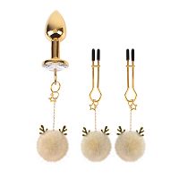 Fehér pomponos anál dugó készlet + mellbimbócsipeszek - 74154152 - 2