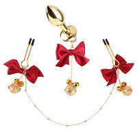 Anál dugó készlet + piros szalaggal ellátott mellbimbócsipeszek - 79050503 - 2