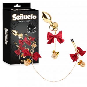 Anál dugó készlet + piros szalaggal ellátott mellbimbócsipeszek - 79050503