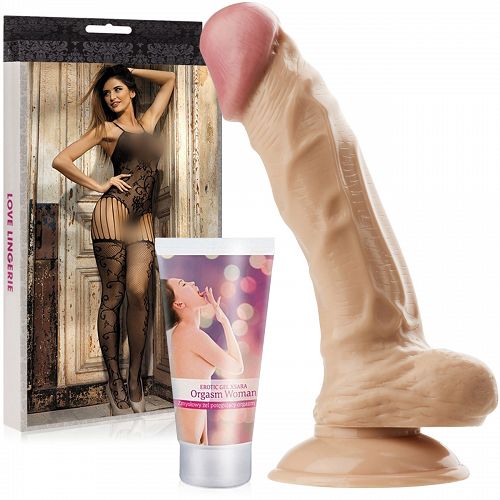Női Szett: Realisztikus Dildó Tapadókoronggal, Orgazmus Stimuláló Gél és Bodystocking - 70103174