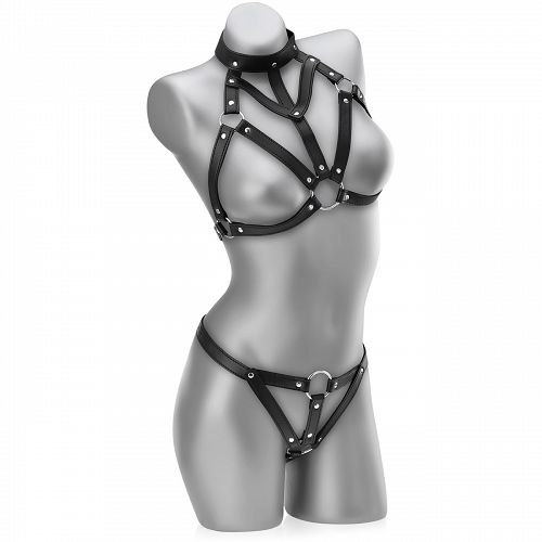 FEHÉRNEMÜ BŐRBŐL DOMINA RÉSZÉRE MELLTARTÓ CHOKERREL + STRING KÉSZLET - 72792271