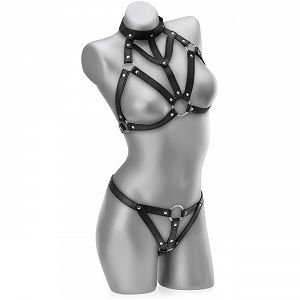 FEHÉRNEMÜ BŐRBŐL DOMINA RÉSZÉRE MELLTARTÓ CHOKERREL + STRING KÉSZLET - 72792271