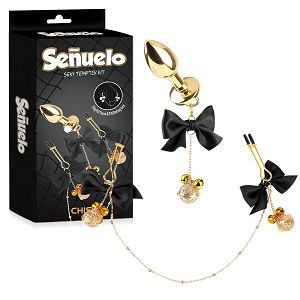 Anális dugó készlet + mellcsipeszek fekete szalagokkal - 77956562